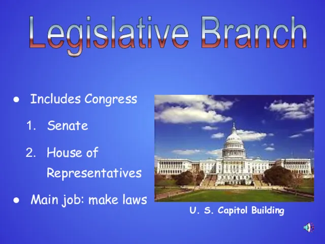 Legislative Branch Includes Congress Senate House of Representatives Main job: make laws U. S. Capitol Building