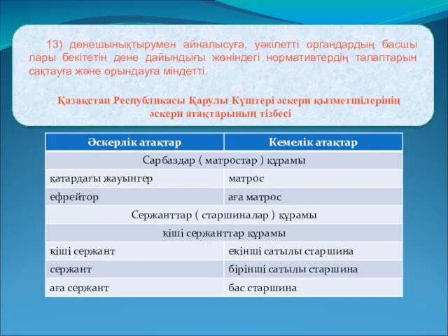 13) денешынықтырумен айналысуға, уәкілетті органдардың басшы лары бекітетін дене дайындығы