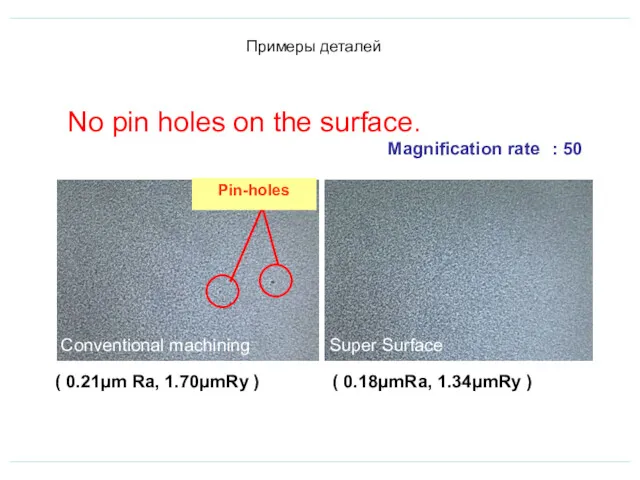 Pin-holes No pin holes on the surface. Magnification rate : 50 Примеры деталей