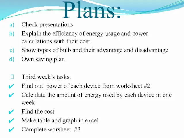 Plans: Check presentations Explain the efficiency of energy usage and
