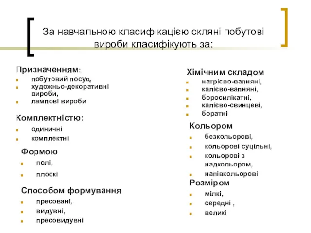 За навчальною класифікацією скляні побутові вироби класифікують за: Призначенням: побутовий