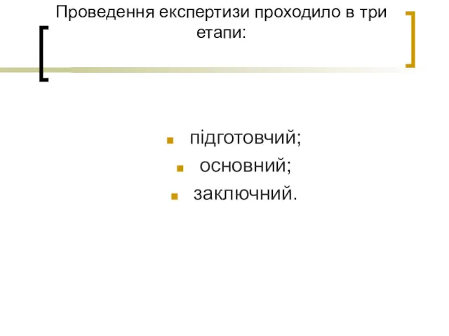 Проведення експертизи проходило в три етапи: підготовчий; основний; заключний.