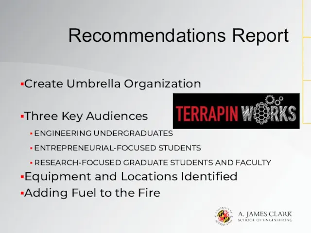 Create Umbrella Organization Three Key Audiences ENGINEERING UNDERGRADUATES ENTREPRENEURIAL-FOCUSED STUDENTS