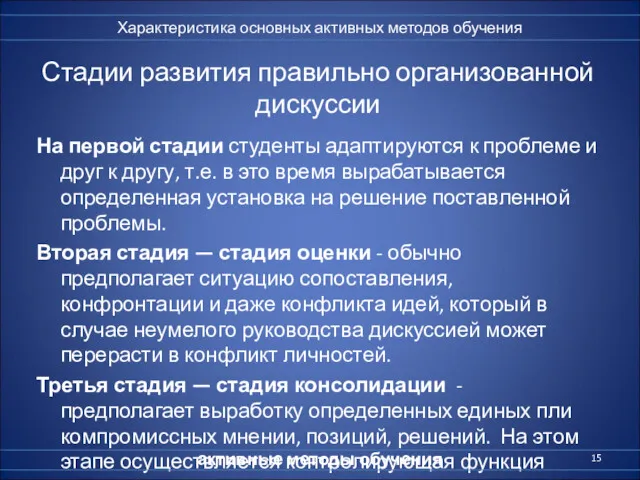 Стадии развития правильно организованной дискуссии На первой стадии студенты адаптируются