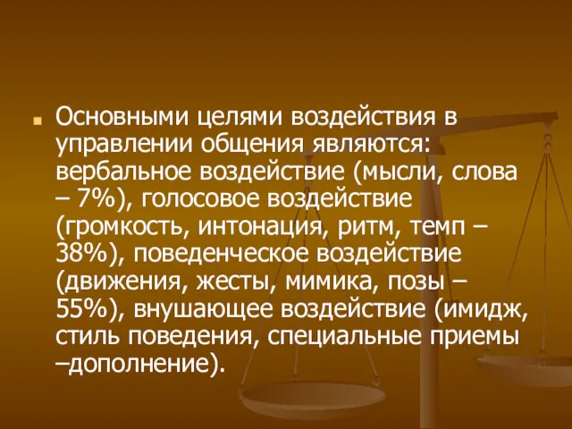 Основными целями воздействия в управлении общения являются: вербальное воздействие (мысли,