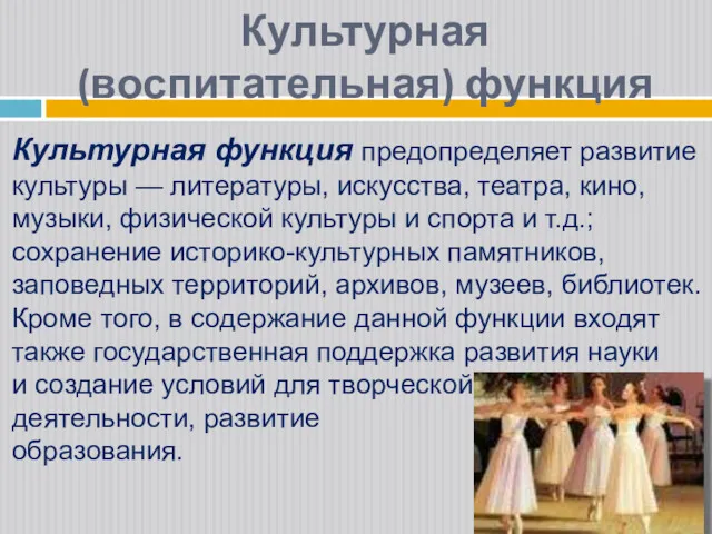 Культурная (воспитательная) функция Культурная функция предопределяет развитие культуры — литературы,