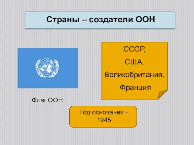 Страны – создатели ООН СССР, США, Великобритания, Франция Флаг ООН Год основания - 1945