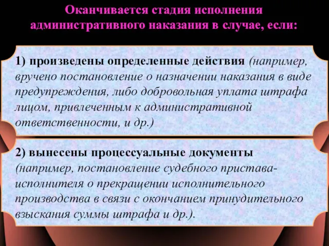 Оканчивается стадия исполнения административного наказания в случае, если: 1) произведены