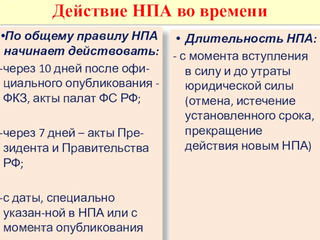 По общему правилу НПА начинает действовать: через 10 дней после