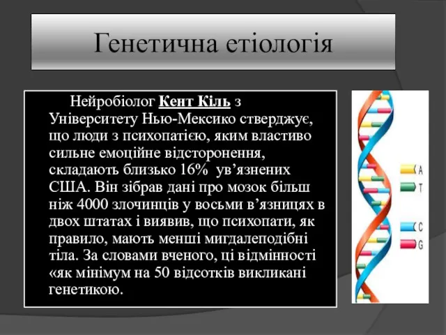 Генетична етіологія Нейробіолог Кент Кіль з Університету Нью-Мексико стверджує, що