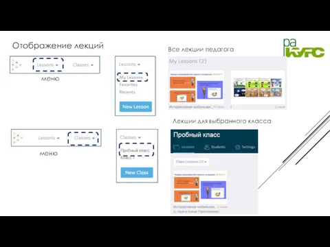 Отображение лекций меню Все лекции педагога меню Лекции для выбранного класса