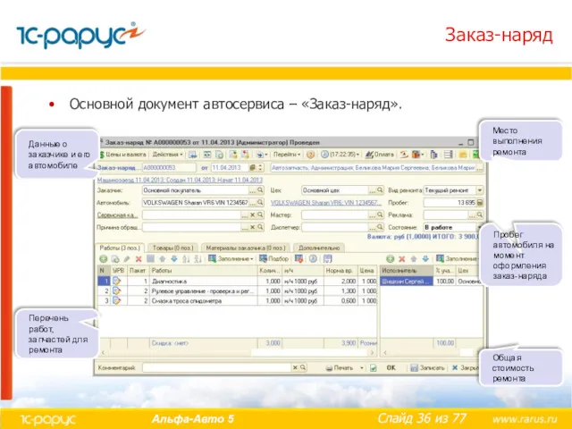 Заказ-наряд Основной документ автосервиса – «Заказ-наряд». Данные о заказчике и