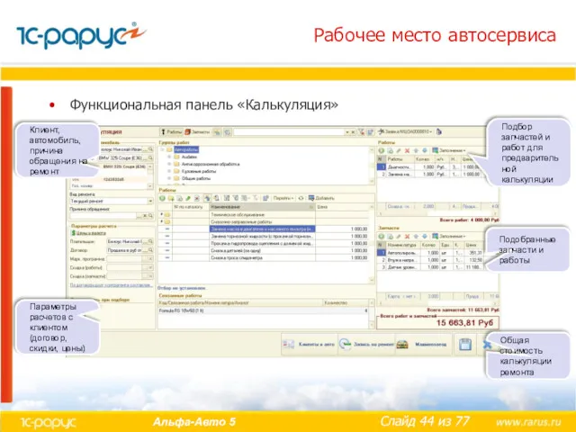 Рабочее место автосервиса Функциональная панель «Калькуляция» Клиент, автомобиль, причина обращения