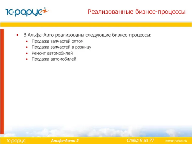 Реализованные бизнес-процессы В Альфа-Авто реализованы следующие бизнес-процессы: Продажа запчастей оптом