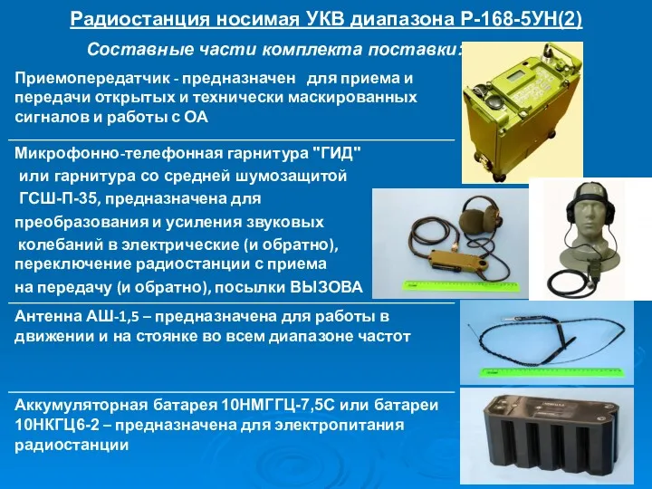 Радиостанция носимая УКВ диапазона Р-168-5УН(2) Составные части комплекта поставки: