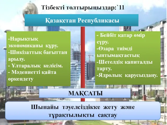 Тізбекті толтырыңыздар:`11 -Нарықтық экономиканы құру. -Шикізаттық бағыттан арылу. - Ұлтаралық