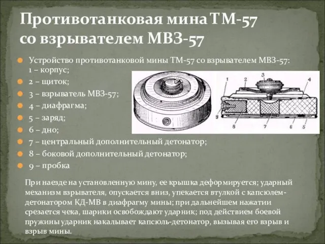 Устройство противотанковой мины ТМ-57 со взрывателем МВЗ-57: 1 – корпус;