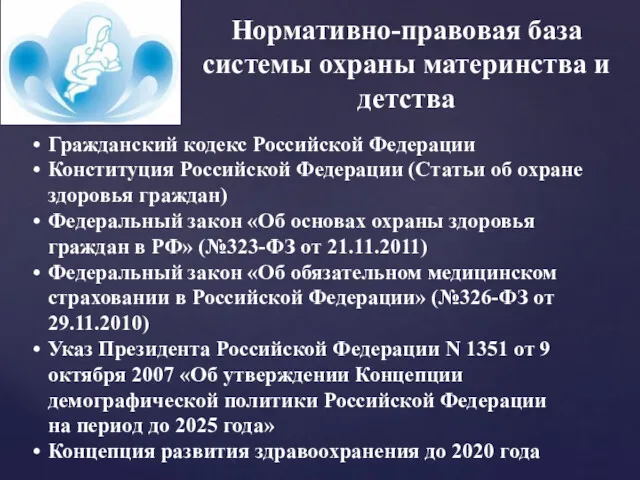 Нормативно-правовая база системы охраны материнства и детства Гражданский кодекс Российской Федерации Конституция Российской