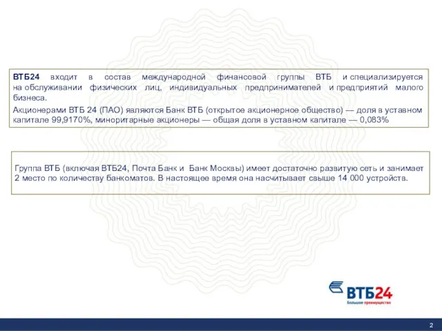 ВТБ24 входит в состав международной финансовой группы ВТБ и специализируется