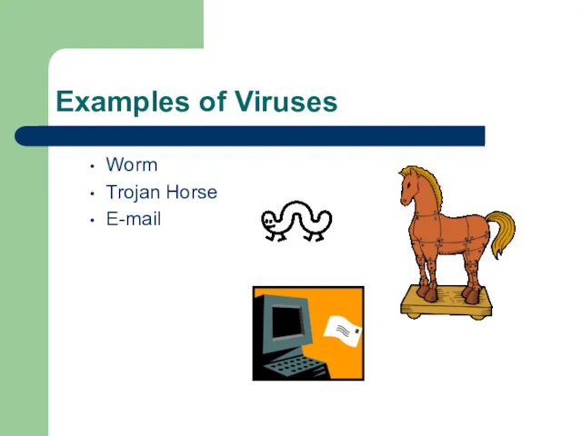 Examples of Viruses Worm Trojan Horse E-mail