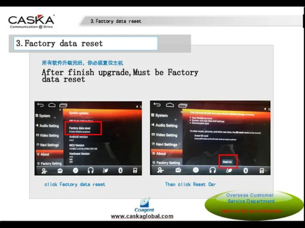 所有软件升级完后，你必须复位主机 After finish upgrade,Must be Factory data reset click Factory