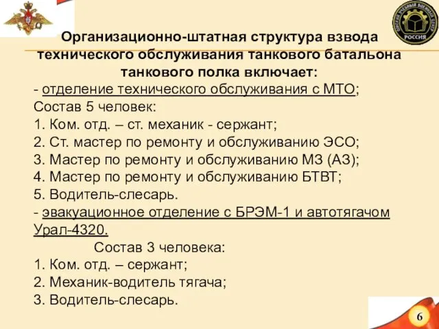 Организационно-штатная структура взвода технического обслуживания танкового батальона танкового полка включает: