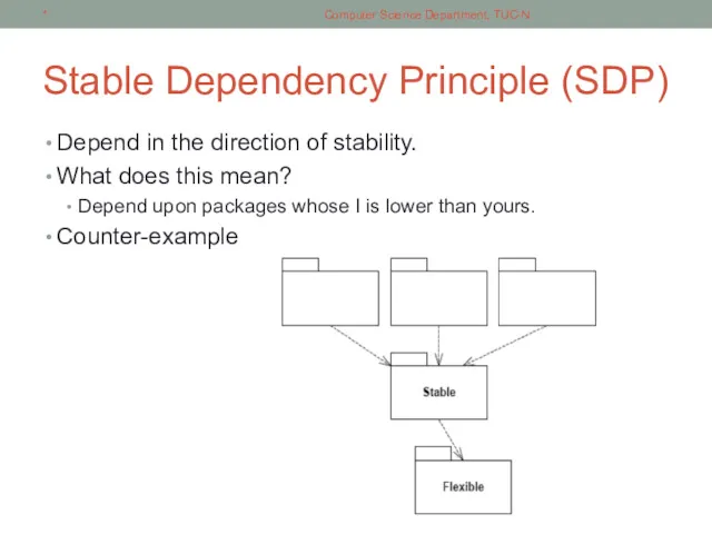 Stable Dependency Principle (SDP) Depend in the direction of stability.