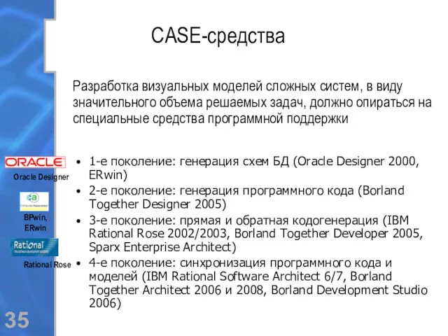 CASE-средства 1-е поколение: генерация схем БД (Oracle Designer 2000, ERwin) 2-е поколение: генерация