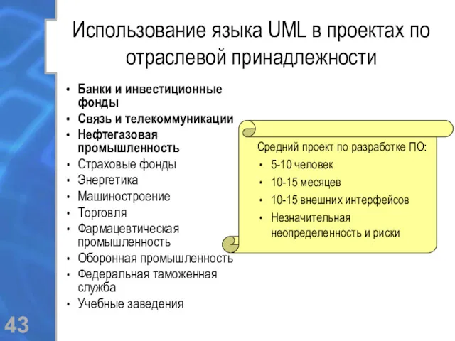 Использование языка UML в проектах по отраслевой принадлежности Банки и инвестиционные фонды Связь