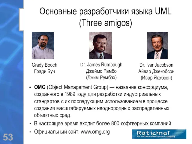 Основные разработчики языка UML (Three amigos) Grady Booch Гради Буч Dr. James Rumbaugh