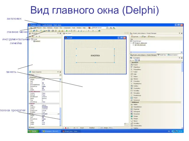 Вид главного окна (Delphi) заголовок главное меню инструментальная линейка панель полоса прокрутки