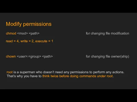Modify permissions chmod for changing file modification read = 4,