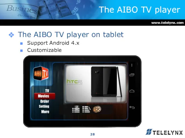 The AIBO TV player on tablet Support Android 4.x Customizable The AIBO TV player www.telelynx.com