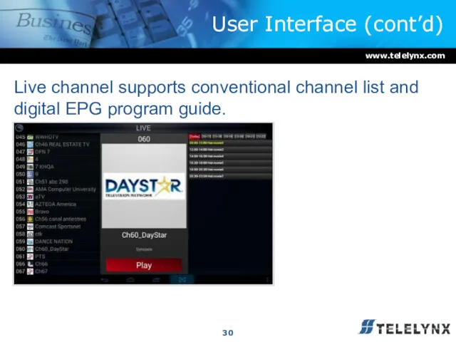 User Interface (cont’d) www.telelynx.com Live channel supports conventional channel list and digital EPG program guide.