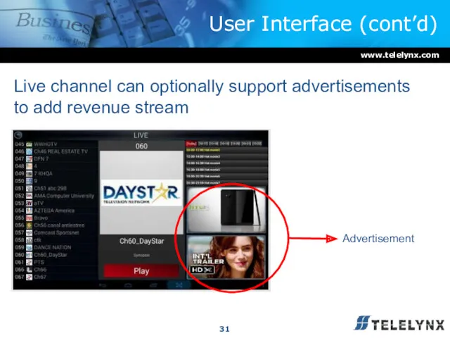 User Interface (cont’d) Live channel can optionally support advertisements to add revenue stream Advertisement 31 www.telelynx.com