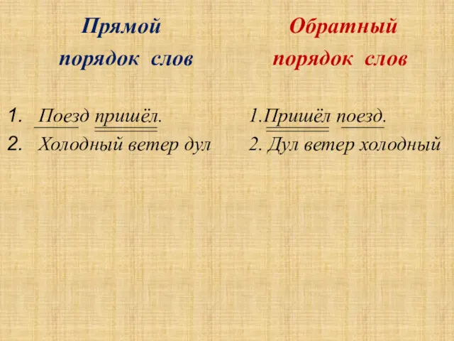 Прямой порядок слов Поезд пришёл. Холодный ветер дул Обратный порядок