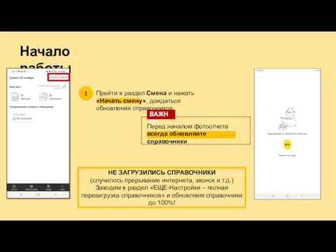 1 Начало работы Прейти в раздел Смена и нажать «Начать