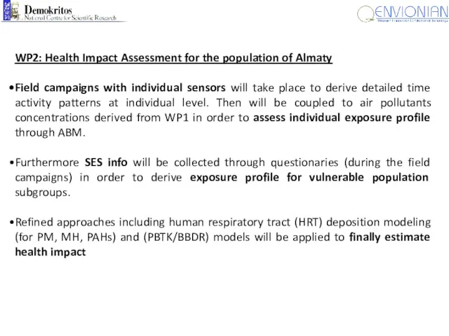 WP2: Health Impact Assessment for the population of Almaty Field