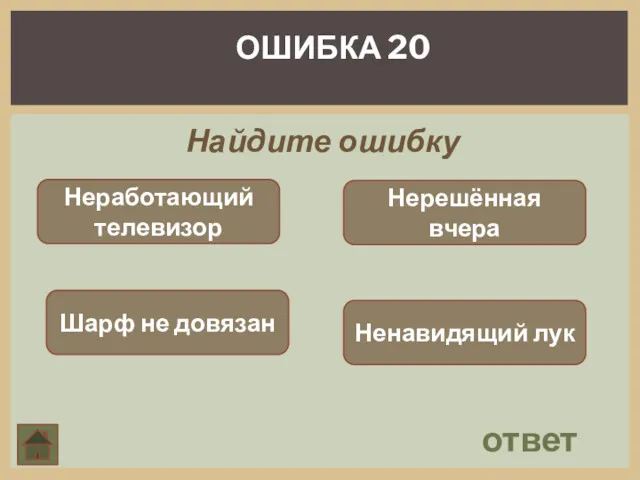 Найдите ошибку ответ ОШИБКА 20 Неработающий телевизор Шарф не довязан Нерешённая вчера Ненавидящий лук