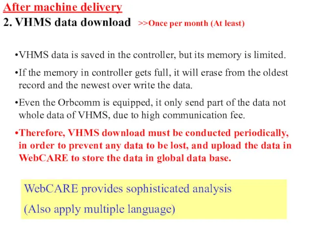 VHMS data is saved in the controller, but its memory is limited. If