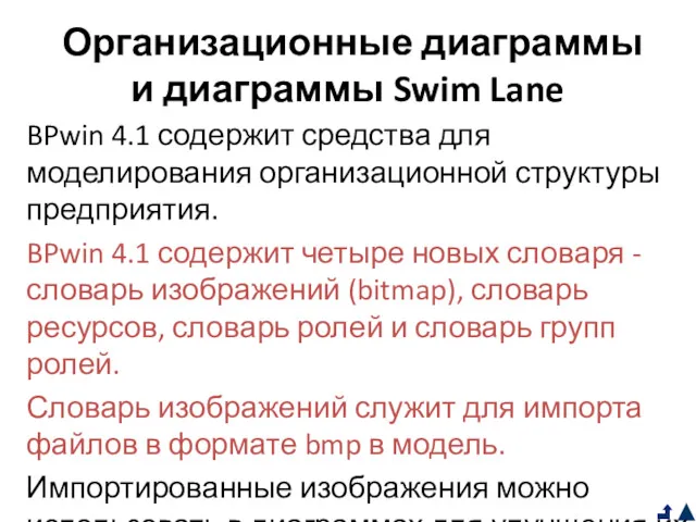 Организационные диаграммы и диаграммы Swim Lane BPwin 4.1 содержит средства