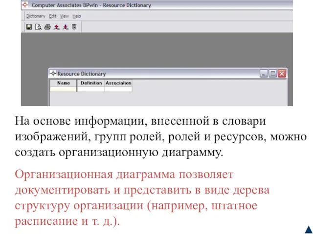 На основе информации, внесенной в словари изображений, групп ролей, ролей