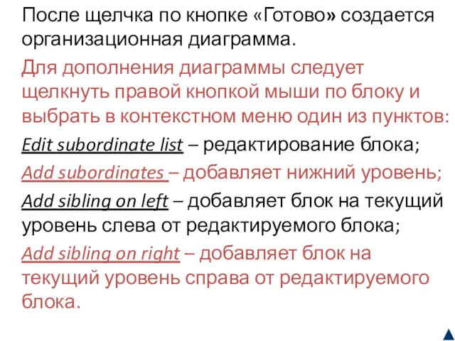 После щелчка по кнопке «Готово» создается организационная диаграмма. Для дополнения