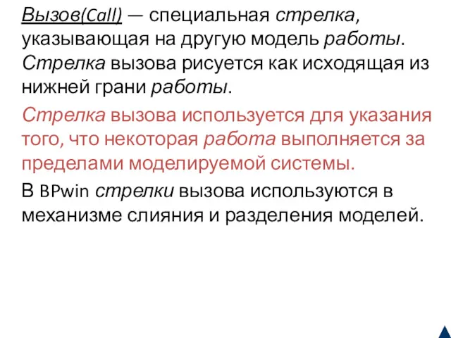 Вызов(Call) — специальная стрелка, указывающая на другую модель работы. Стрелка