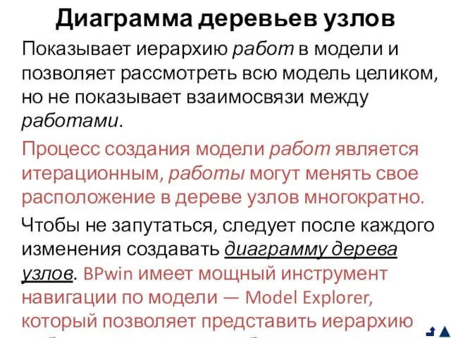 Диаграмма деревьев узлов Показывает иерархию работ в модели и позволяет