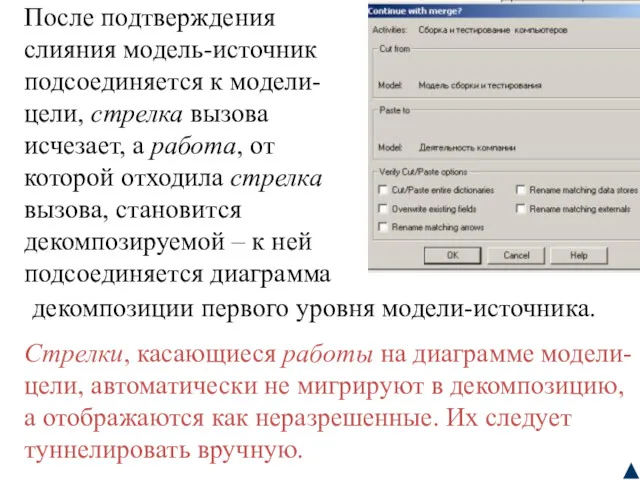 После подтверждения слияния модель-источник подсоединяется к модели-цели, стрелка вызова исчезает,