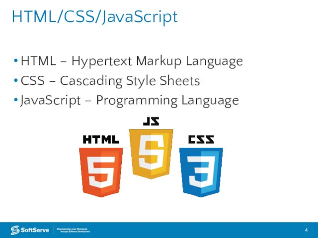 HTML – Hypertext Markup Language CSS – Cascading Style Sheets JavaScript – Programming Language HTML/CSS/JavaScript