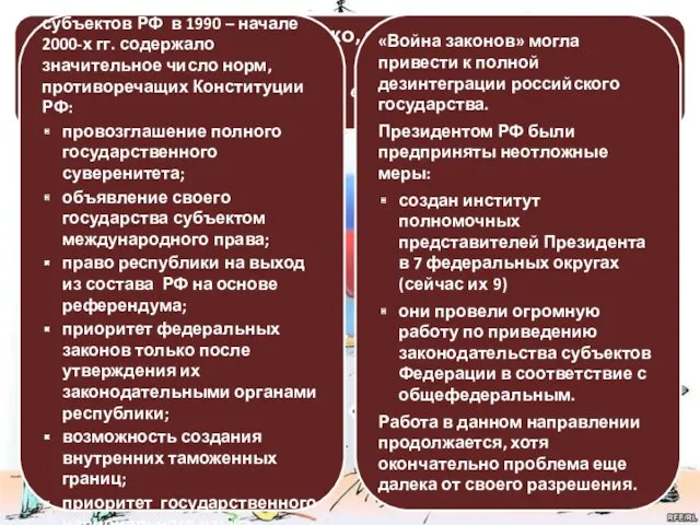 ПРОБЛЕМЫ И ПРОТИВОРЕЧИЯ ФЕДЕРАТИВНОГО УСТРОЙСТВА РОССИИ ЦЕНТРАЛИЗМ СЕПАРАТИЗМ Берите суверенитета