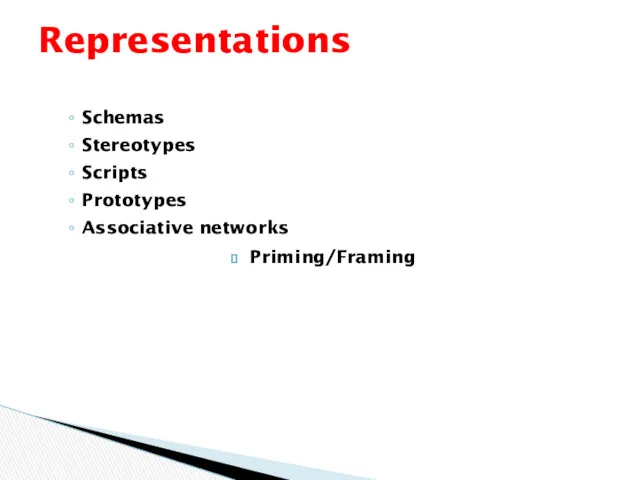 Schemas Stereotypes Scripts Prototypes Associative networks Priming/Framing Representations