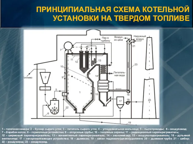 1 – топочная камера; 2 – бункер сырого угля; 3